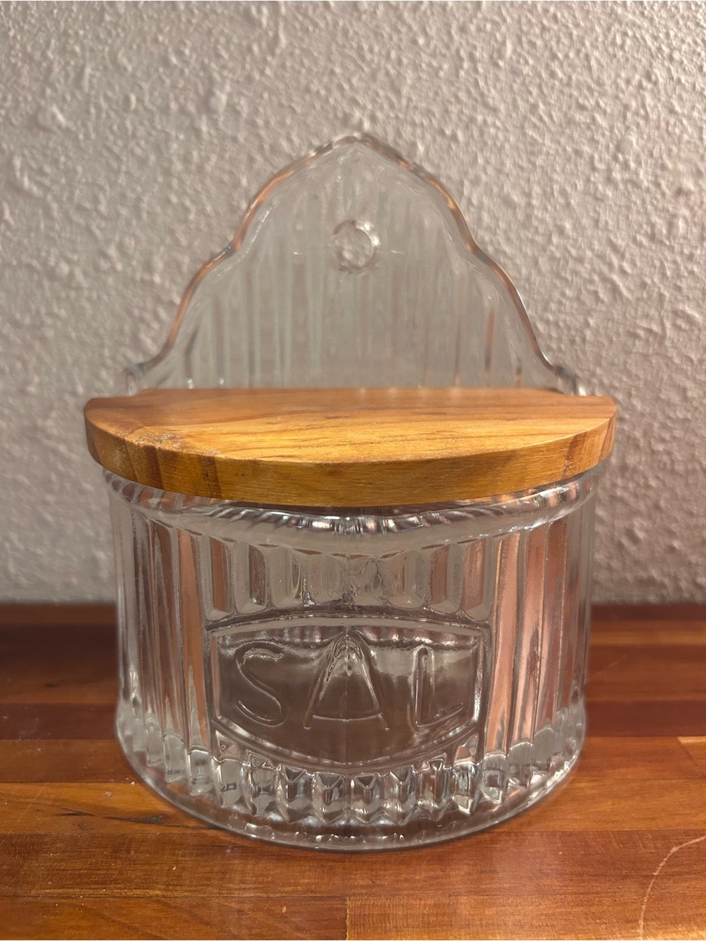Hoosier Style Glass Salt Jar with Wooden Lid - approximately 1930’s